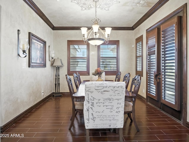 2822 E Constance Way, Phoenix, AZ 85042 - dining room with wood tiled floors, a chandelier, and crown molding