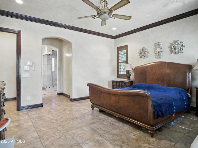 2822 E Constance Way, Phoenix, AZ 85042 - bedroom featuring arched walkways, crown molding, and a ceiling fan