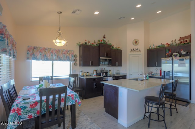 kitchen with stainless steel appliances, a sink, visible vents, an island with sink, and decorative light fixtures