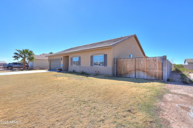 ranch-style home with a garage, driveway, stucco siding, fence, and a front yard