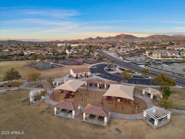 bird's eye view featuring a residential view and a mountain view