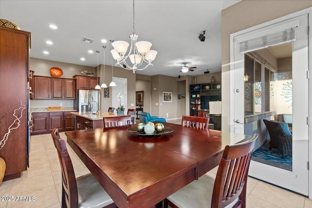 dining space featuring ceiling fan with notable chandelier, light tile patterned flooring, visible vents, and recessed lighting