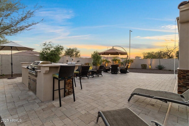 view of patio with a fenced backyard, a grill, outdoor dry bar, and area for grilling