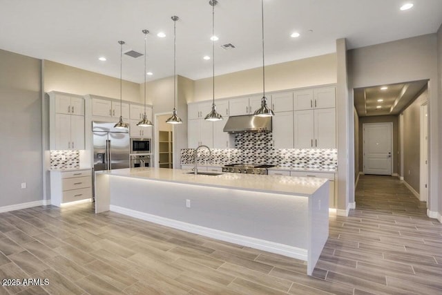 kitchen with a sink, under cabinet range hood, light countertops, built in appliances, and wood tiled floor