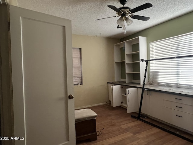 interior space with ceiling fan, wood-type flooring, and a textured ceiling