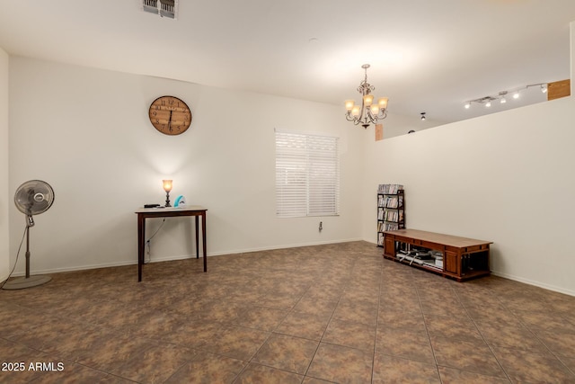 miscellaneous room featuring an inviting chandelier, visible vents, tile patterned floors, and baseboards
