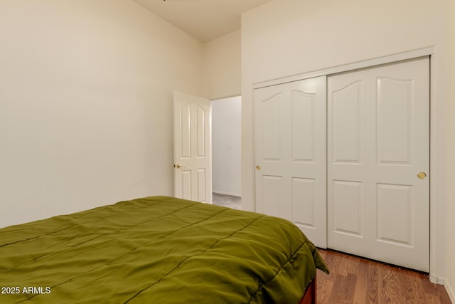 bedroom featuring wood finished floors and a closet