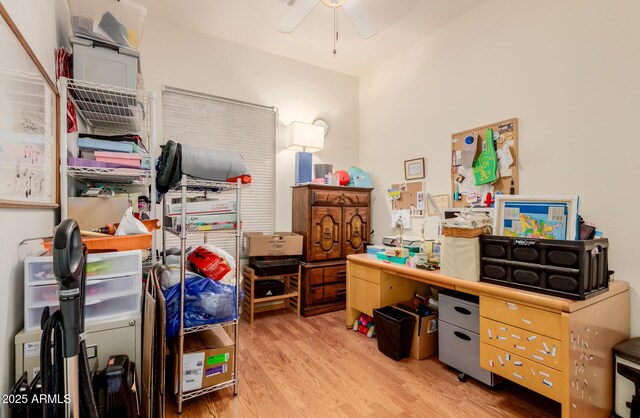 office space featuring wood finished floors and a ceiling fan