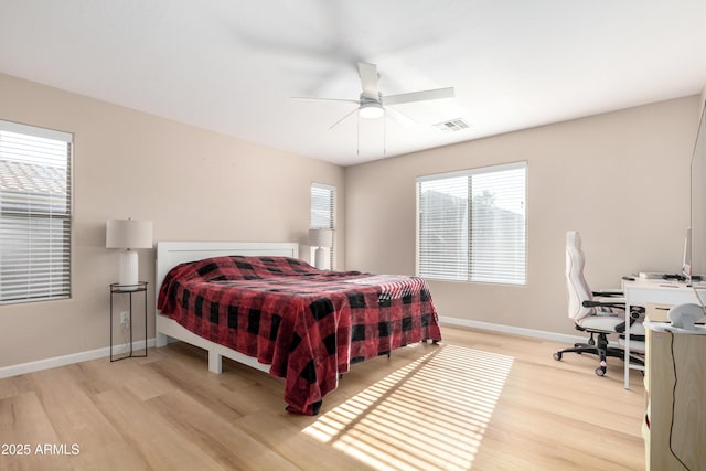 bedroom with ceiling fan and light wood-type flooring