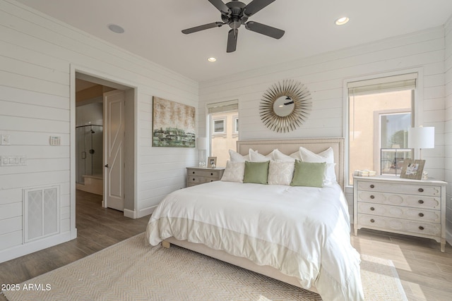 bedroom with visible vents, recessed lighting, ceiling fan, and wood finished floors