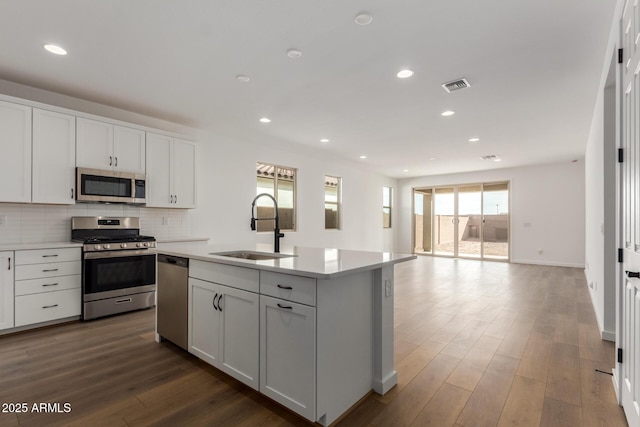 kitchen featuring white cabinetry, appliances with stainless steel finishes, sink, and a kitchen island with sink