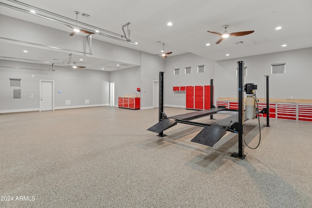 workout room featuring ceiling fan