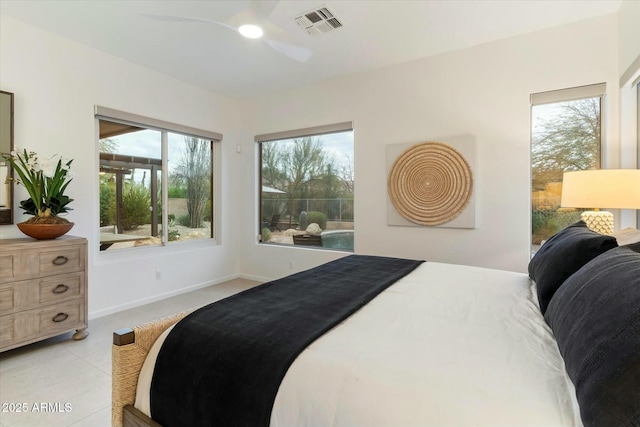 bedroom featuring visible vents, baseboards, light tile patterned flooring, and a ceiling fan