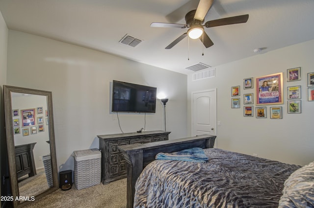 bedroom featuring light colored carpet, visible vents, and ceiling fan