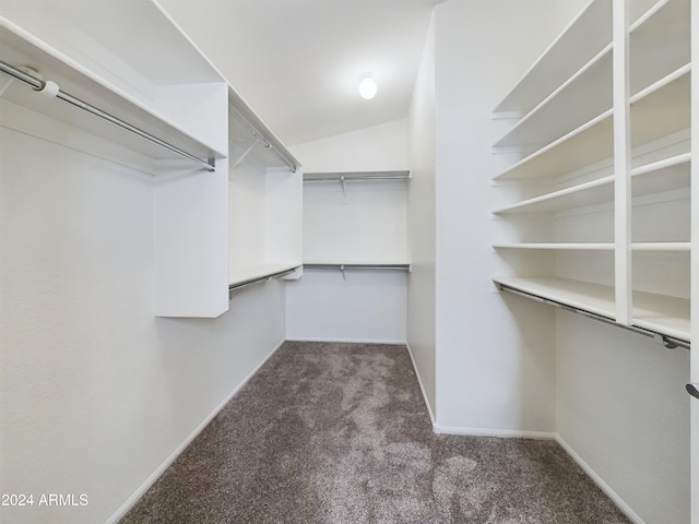 spacious closet featuring lofted ceiling and dark colored carpet