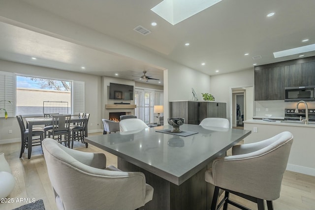 interior space with ceiling fan, light hardwood / wood-style floors, and a skylight