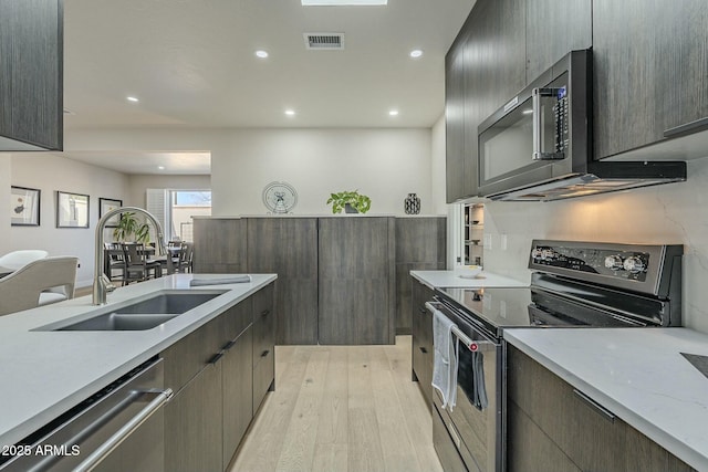 kitchen featuring sink, dark brown cabinets, light hardwood / wood-style floors, and appliances with stainless steel finishes