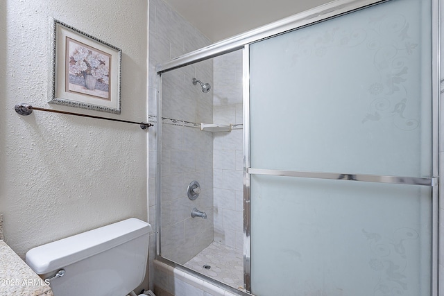 2233 W Farmdale Ave Unit 2, Mesa, AZ 85202 - bathroom featuring a textured wall, a shower stall, and toilet