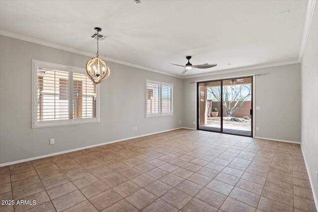 tiled empty room featuring crown molding and ceiling fan with notable chandelier