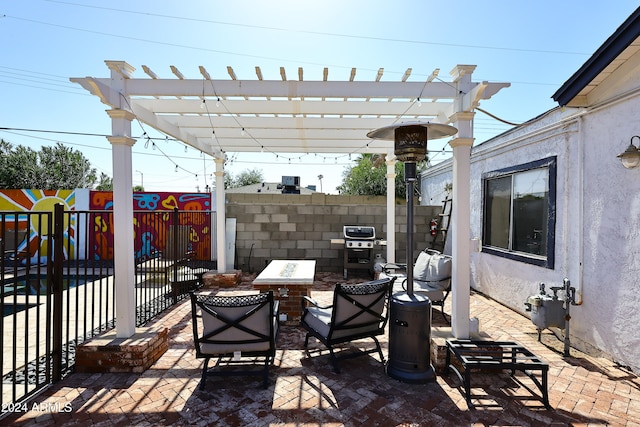 view of patio with a playground, area for grilling, and a pergola