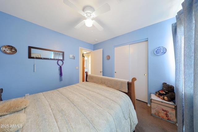 bedroom featuring a closet, ceiling fan, and carpet