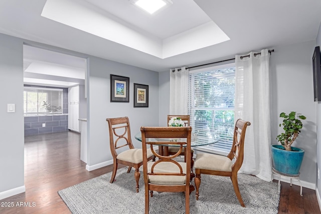 dining room with dark wood-type flooring, a healthy amount of sunlight, and baseboards