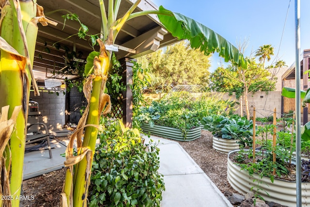 view of patio / terrace with a garden and fence