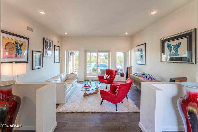 living room featuring dark wood-type flooring