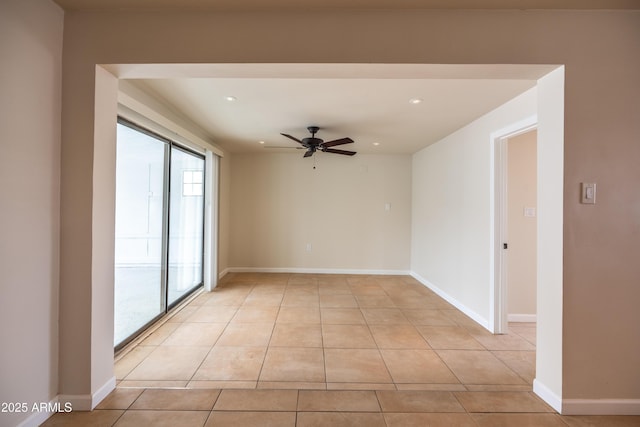 spare room with ceiling fan, baseboards, light tile patterned flooring, and recessed lighting