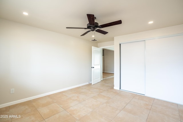 unfurnished bedroom with recessed lighting, visible vents, baseboards, and a closet