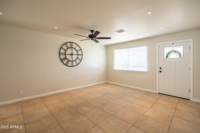 foyer entrance with visible vents, recessed lighting, baseboards, and ceiling fan