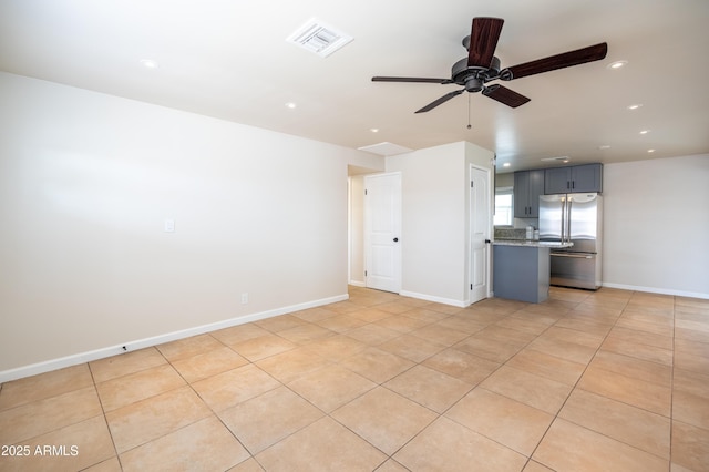 unfurnished living room featuring visible vents, recessed lighting, baseboards, and a ceiling fan