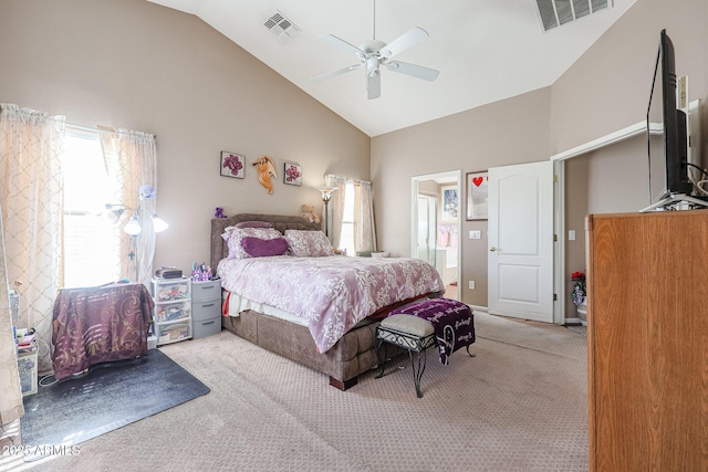 carpeted bedroom with multiple windows, high vaulted ceiling, and ceiling fan