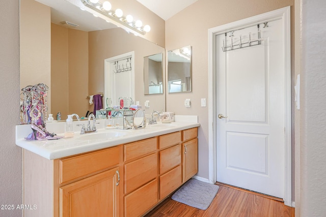 bathroom featuring hardwood / wood-style floors and vanity