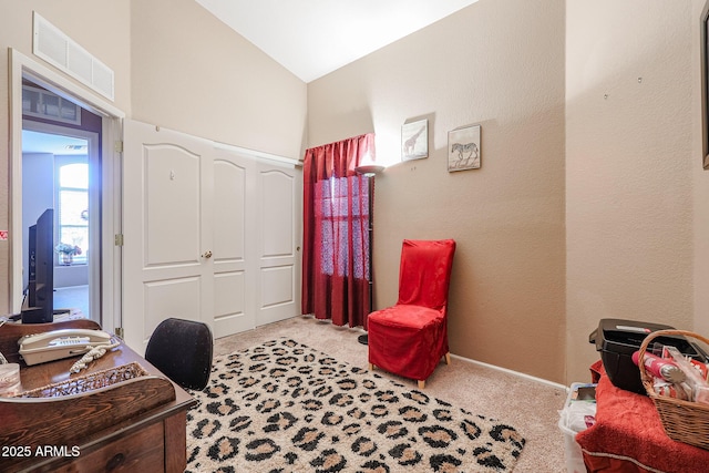 carpeted office space with vaulted ceiling