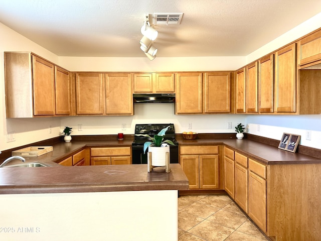 1649 W Wilson Ave, Coolidge, AZ 85128 - kitchen featuring black / electric stove, under cabinet range hood, and dark countertops