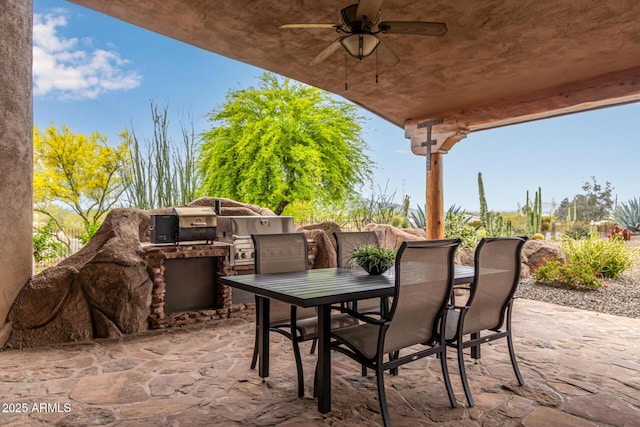 view of patio with exterior kitchen, outdoor dining space, and ceiling fan