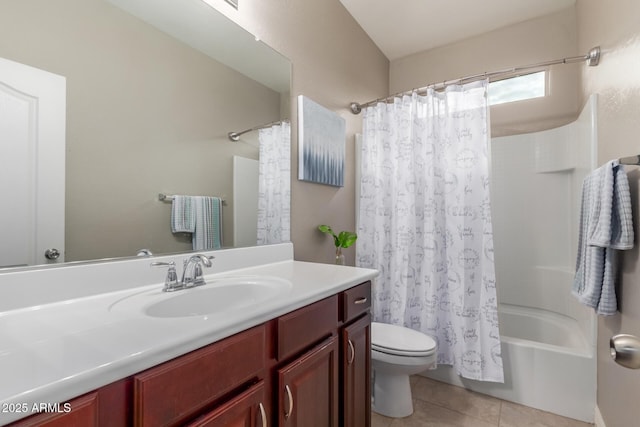 full bathroom with shower / tub combo with curtain, toilet, tile patterned floors, and vanity