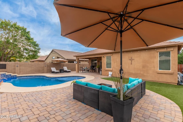 view of swimming pool featuring a fenced in pool, a fenced backyard, an outdoor hangout area, a patio, and outdoor dining area