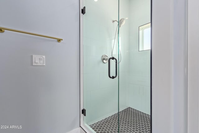 bathroom featuring a shower with shower door