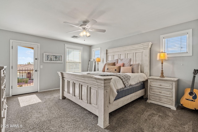 bedroom with ceiling fan, access to exterior, and dark colored carpet