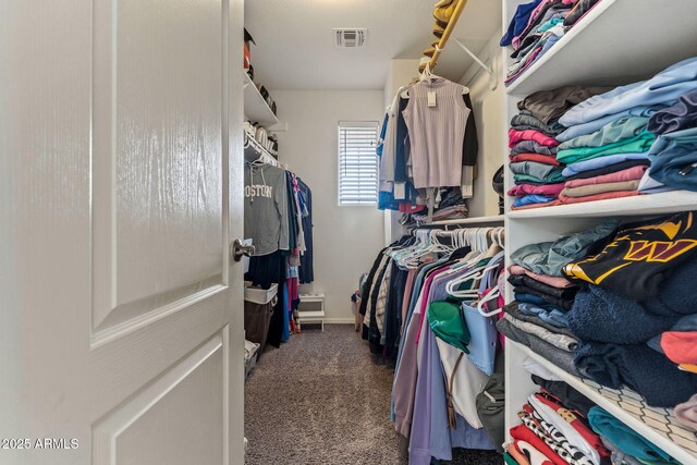 walk in closet with dark colored carpet