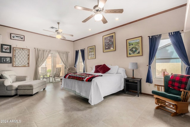 bedroom with ceiling fan and crown molding