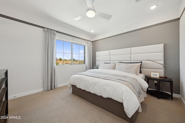 bedroom featuring recessed lighting, a ceiling fan, baseboards, and carpet floors