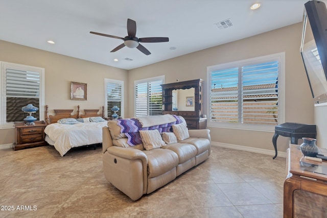 bedroom with visible vents, baseboards, ceiling fan, and recessed lighting