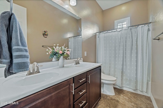 full bathroom featuring double vanity, a sink, toilet, and shower / bathtub combination with curtain