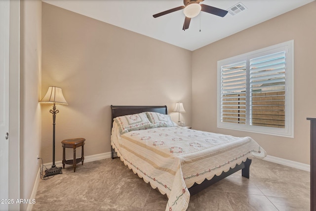 bedroom featuring ceiling fan, visible vents, and baseboards