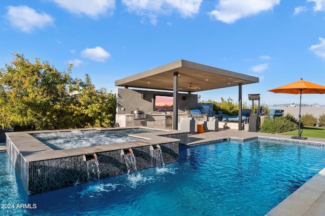 view of swimming pool with area for grilling, a patio area, and pool water feature