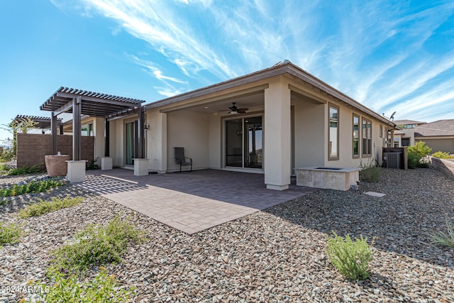 rear view of property with a pergola, ceiling fan, a patio, and cooling unit