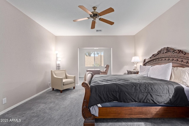 bedroom featuring carpet, visible vents, ceiling fan, and baseboards